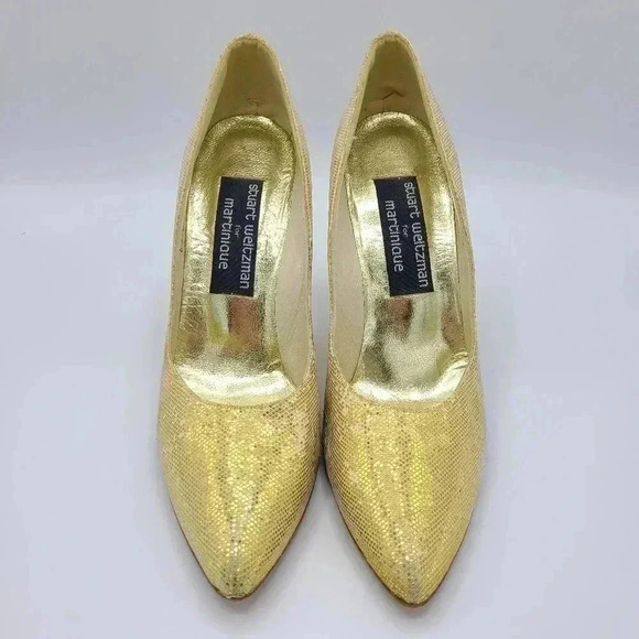 Vintage Stuart Weitzman Martinique Gold Glitter Pointed Toe Stiletto Heels 7.5 - Picture 5 of 16
